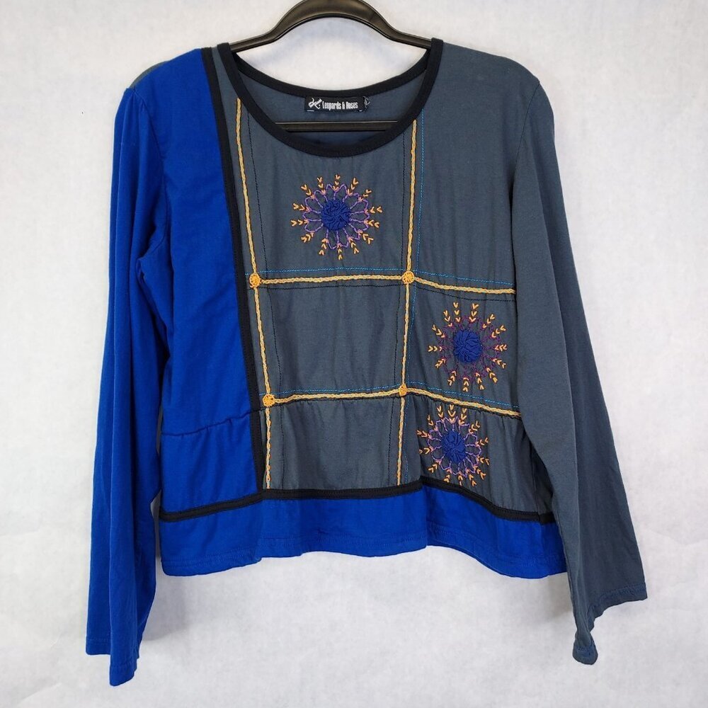 Leopards & Roses Embroidered Patchwork Top Womens S Grey Floral Boho Hippie Boxy
